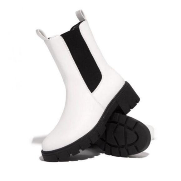 My Poshtique Shoes - Pull On Lug Sole Chelsea Boots in White